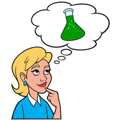 Girl thinking about Chemistry - A cartoon illustration of a Girl thinking about Chemistry and Science.