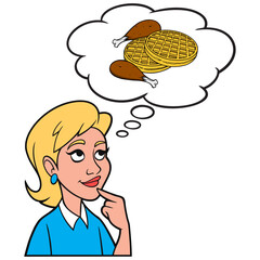 Girl thinking about Chicken and Waffles - A cartoon illustration of a Girl thinking about eating Chicken and Waffles for Breakfast.