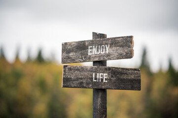 vintage and rustic wooden signpost with the weathered text quote enjoy life, outdoors in nature. blurred out forest fall colors in the background.