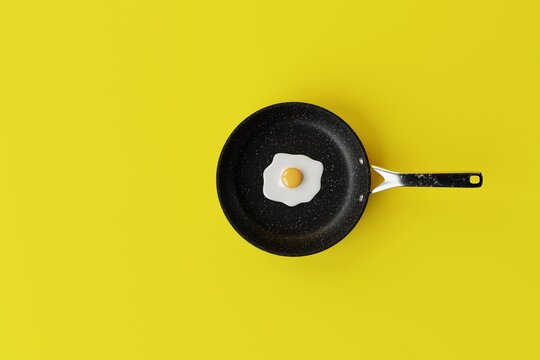Pan with a fried egg on a yellow background. The concept of preparing a dish with egg, frying an egg in a pan. 3d render, 3d