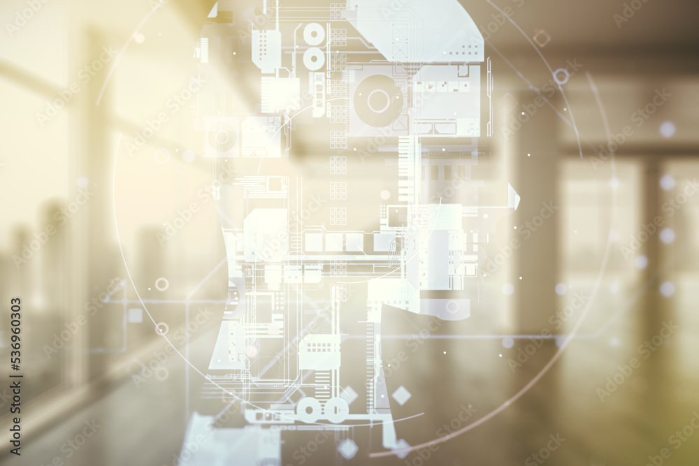 Aufkleber Double exposure of creative human head microcircuit hologram on empty room interior background. Future technology and AI concept