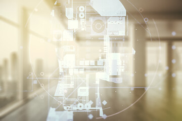 Double exposure of creative human head microcircuit hologram on empty room interior background. Future technology and AI concept