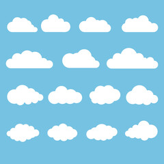 Blue sky with clouds, Flat cartoon white clouds on blue background