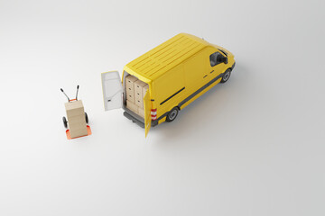 Fototapeta na wymiar Commercial delivery yellow van with cardboard boxes on white background. Delivery order service company transportation box business background with van truck. 3d rendering, 3d illustration.