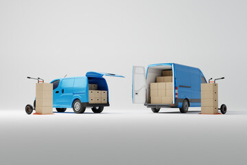 Two commercial delivery blue vans with cardboard boxes on white background. Delivery order service company transportation box with vans truck. 3d rendering, 3d illustration. - obrazy, fototapety, plakaty