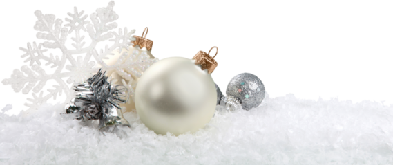 Silver christmas balls over snow isolated on white