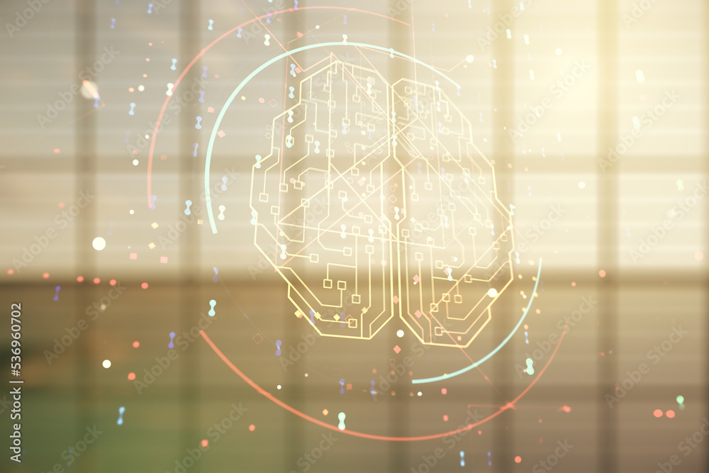 Aufkleber double exposure of creative human brain microcircuit hologram on empty room interior background. fut
