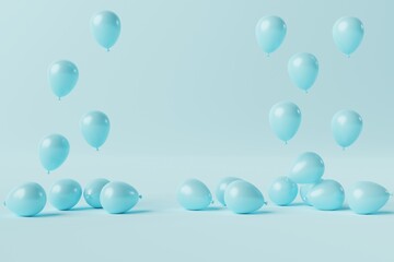 Blue balloons on a blue background. Concept for the release of balloons, balloons inflated with air. 3d rendering, 3d illustration.