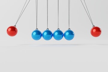 Simple Newton pendulum mechanism. Balls hitting each other. 3d rendering, 3d illustration. - obrazy, fototapety, plakaty