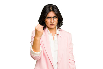 Young Indian business woman wearing a pink suit isolated showing fist to camera, aggressive facial...