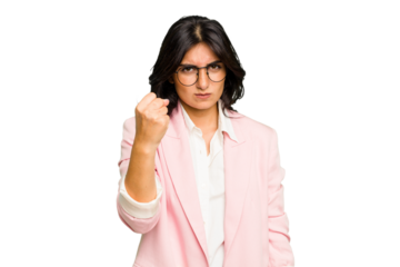 Young Indian business woman wearing a pink suit isolated showing fist to camera, aggressive facial expression.