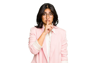 Young Indian business woman wearing a pink suit isolated keeping a secret or asking for silence.