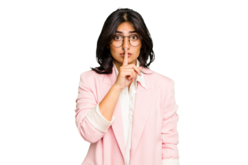 Young Indian business woman wearing a pink suit isolated keeping a secret or asking for silence.