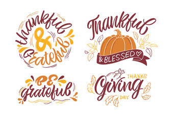 Happy thanksgiving day - Be thankful - cute hand drawn doodle lettering postcard. T-shirt design template with leaf.