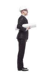 in full growth. young architect with drawings.