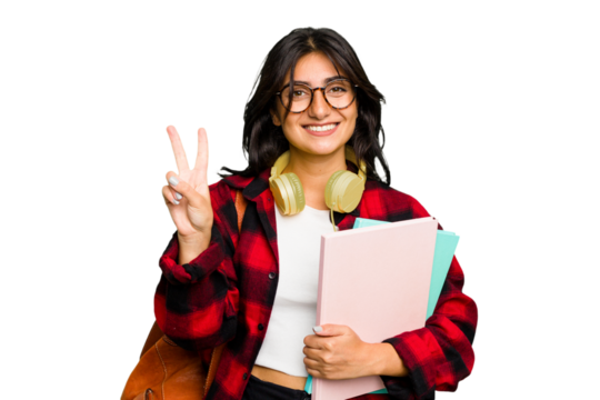Young student Indian woman wearing headphones isolated showing number two with fingers.