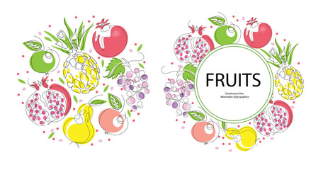 Pineapple, pomegranate, grapes, pears and apples. One line drawing. Minimalistic graphics.