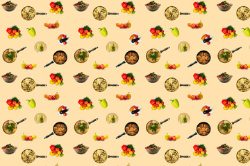 Pattern with various products and kitchen utensils