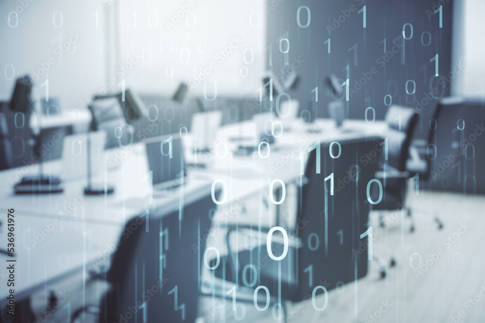 Leinwandbilder abstract virtual binary code illustration on a modern furnished office background. big data and codi