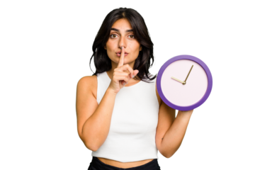 Young Indian woman holding a clock isolated keeping a secret or asking for silence.