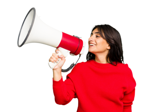 Young Indian woman holding a megaphone isolated