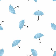 Textured raster illustration. Seamless pattern with Isolated blue umbrellas on white background.