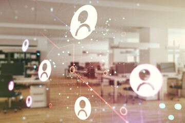 Double exposure of social network icons hologram on a modern furnished office interior background. Networking concept