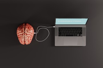 A laptop and a brain connected to it with a cable. The concept of artificial intelligence, human integration with computer, internet. 3d render.