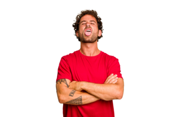 Young caucasian curly hair man isolated Young caucasian man with curly hair isolated funny and friendly sticking out tongue.