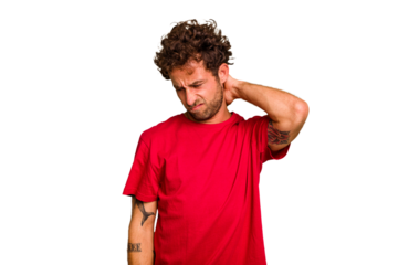Young caucasian curly hair man isolated Young caucasian man with curly hair isolated suffering neck pain due to sedentary lifestyle.