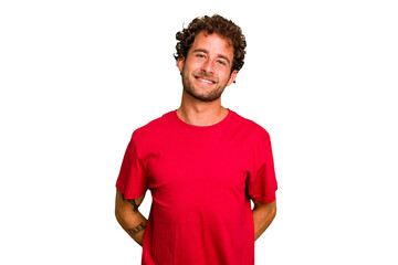 Young caucasian curly hair man isolated Young caucasian man with curly hair isolated happy, smiling...