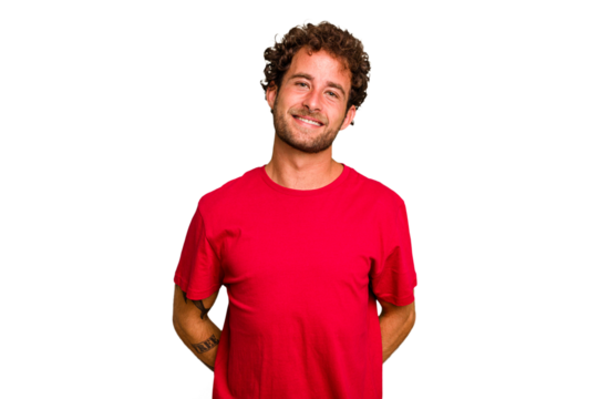 Young caucasian curly hair man isolated Young caucasian man with curly hair isolated happy, smiling and cheerful.