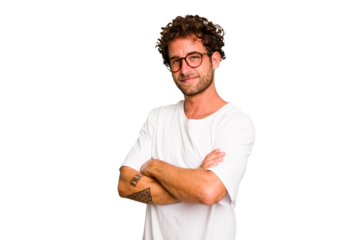 Young caucasian curly hair man isolated Young caucasian man with curly hair isolated who feels confident, crossing arms with determination.