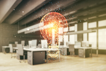 Obraz na płótnie Canvas Virtual Idea concept with light bulb illustration on a modern furnished office background. Multiexposure