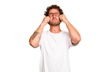 Young caucasian curly hair man isolated Young caucasian man with curly hair isolated whining and crying disconsolately.