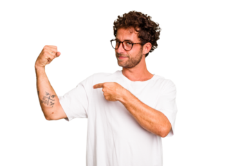 Young caucasian curly hair man isolated Young caucasian man with curly hair isolated showing strength gesture with arms, symbol of feminine power