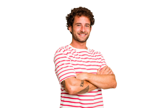 Young caucasian curly hair man isolated Young caucasian man with curly hair isolated happy, smiling and cheerful.