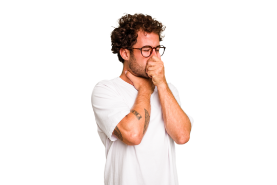 Young caucasian curly hair man isolated Young caucasian man with curly hair isolated suffers pain in throat due a virus or infection.