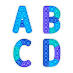 Children's blue pop it alphabet. A set of realistic antistress pop it toys in the form of an letters.