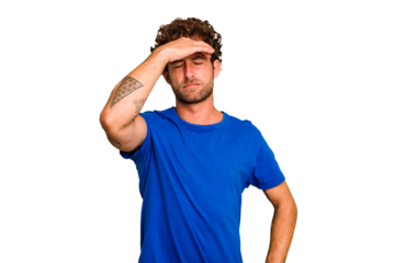 Young caucasian curly hair man isolated Young caucasian man with curly hair isolated touching temples and having headache.