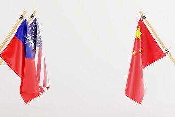 Taiwan, China and USA flag on white background. Conflict with China concept, United States supporting Taiwan. Threats of war with China. 3D render, 3D illustration.