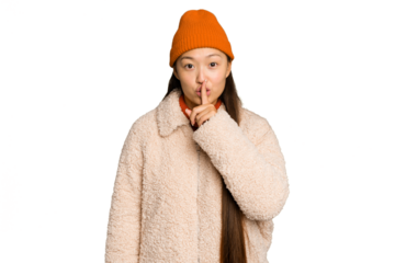 Young asian woman wearing winter clothes isolated on green chroma background keeping a secret or asking for silence.