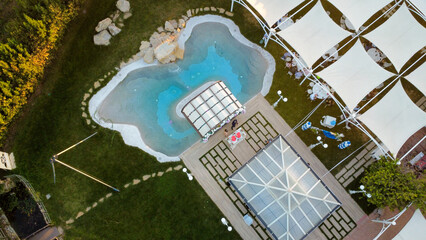 aerial drone view Wedding party at villa with pool location in Piacenza Italy