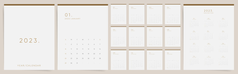 Calendar 2023. Week starts Sunday. Minimal boho design template vector.