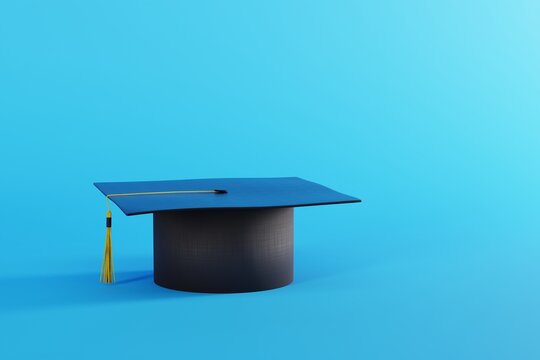 Black student cap on a light background. The concept of returning to studies, the starting student year. 3d render, 3d illustration.