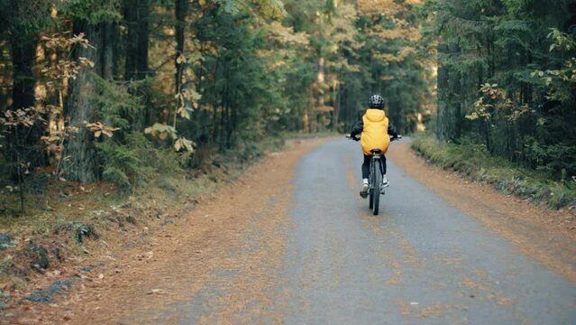 4K kid riding on mountains bike in the forest. Boy in helmets cycling on the autumn nature trail. Active smiling child on bike.