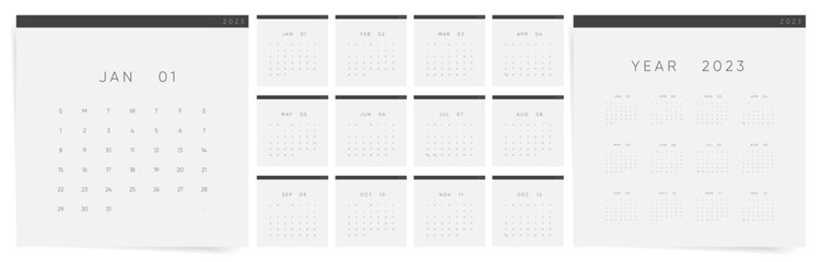 Square minimal 2023 calendar template. Corporate office design. Week starts on Sunday. 
