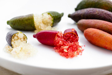 Finger lime or caviar lime of Australian cut in half, it is edible fruits used for cooking gourmet...