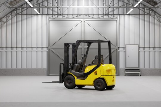 Forklift in the warehouse. The concept of warehousing, working in a warehouse on a forklift. 3d render, 3d illustration.