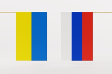 The flag of Ukraine and Russia side by side. The concept of Russian-Ukrainian talks. Russia's war. 3d render, 3d illustration.